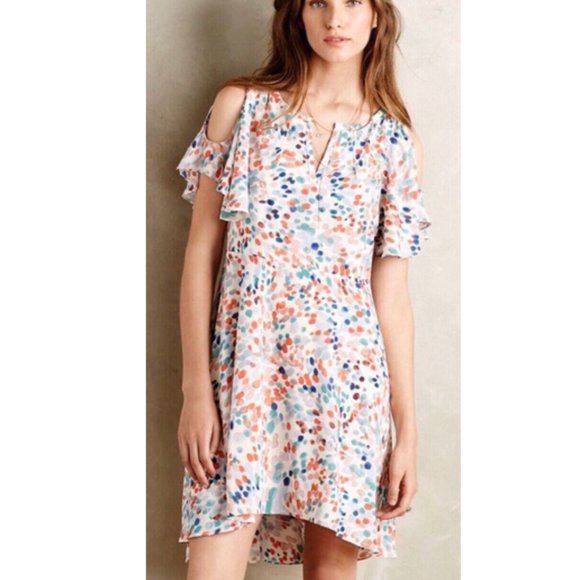 RETRO BOHO MAEVE ANTHROPOLOGIE WATERCOLOR POLKADOT FLUTTER SLEEVE DRESS SIZE S - Picture 1 of 7